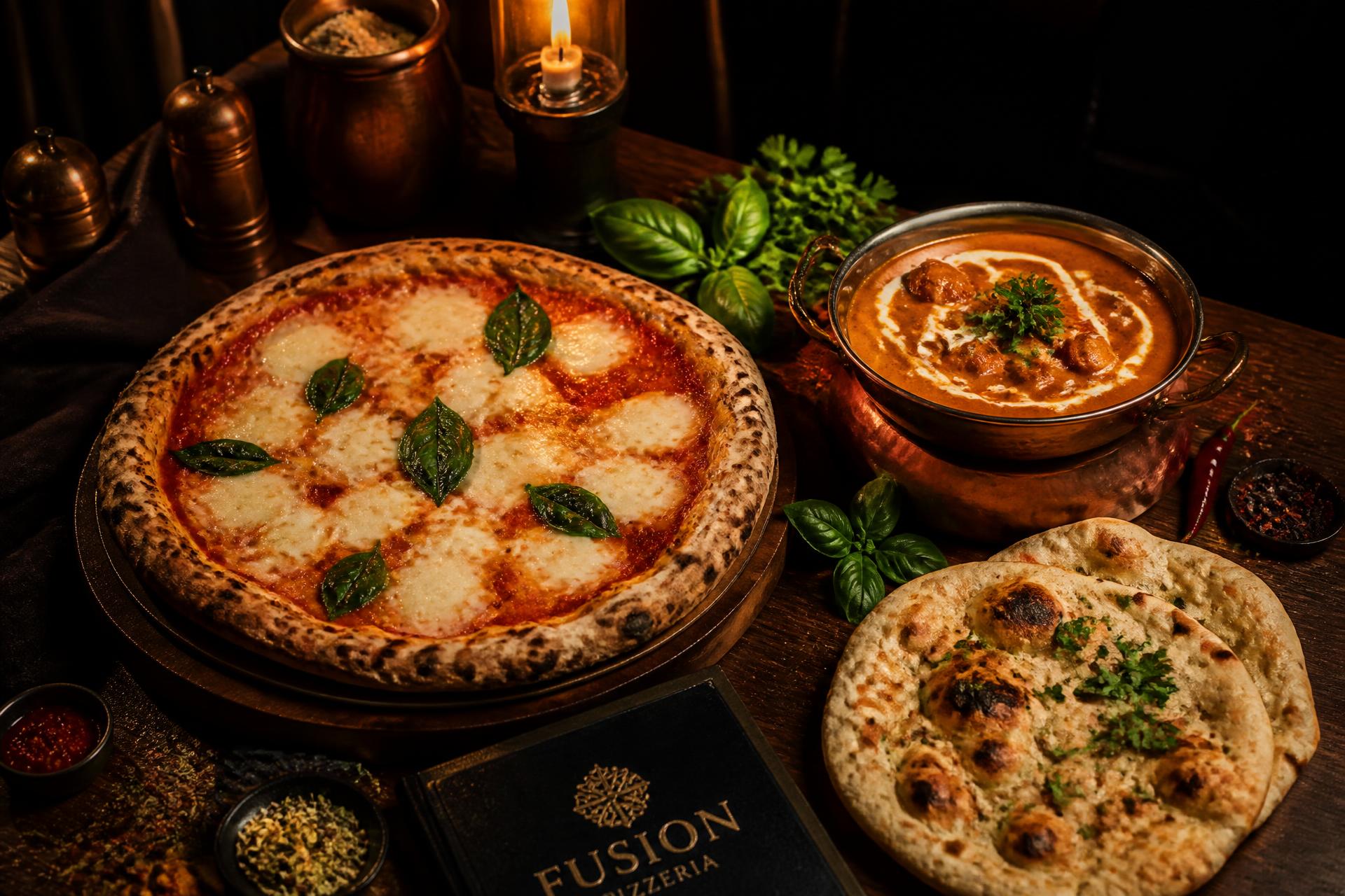 Steinofenpizza und indisches Curry auf dunklem Holztisch im Kerzenlicht